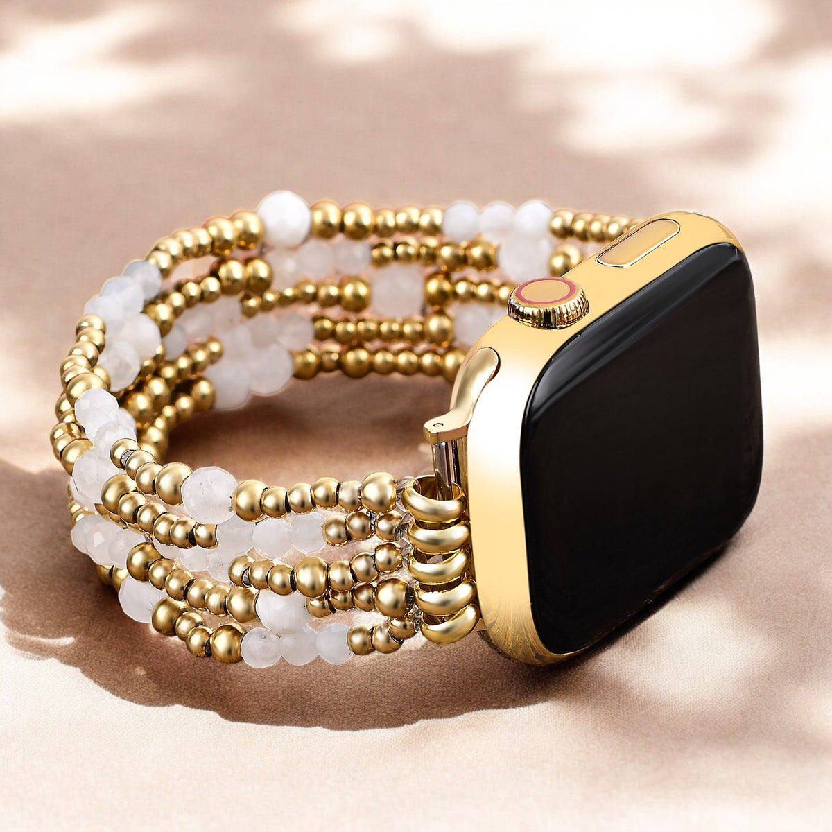 Cinturino elasticizzato Apple Watch in pietra di luna con alone dorato