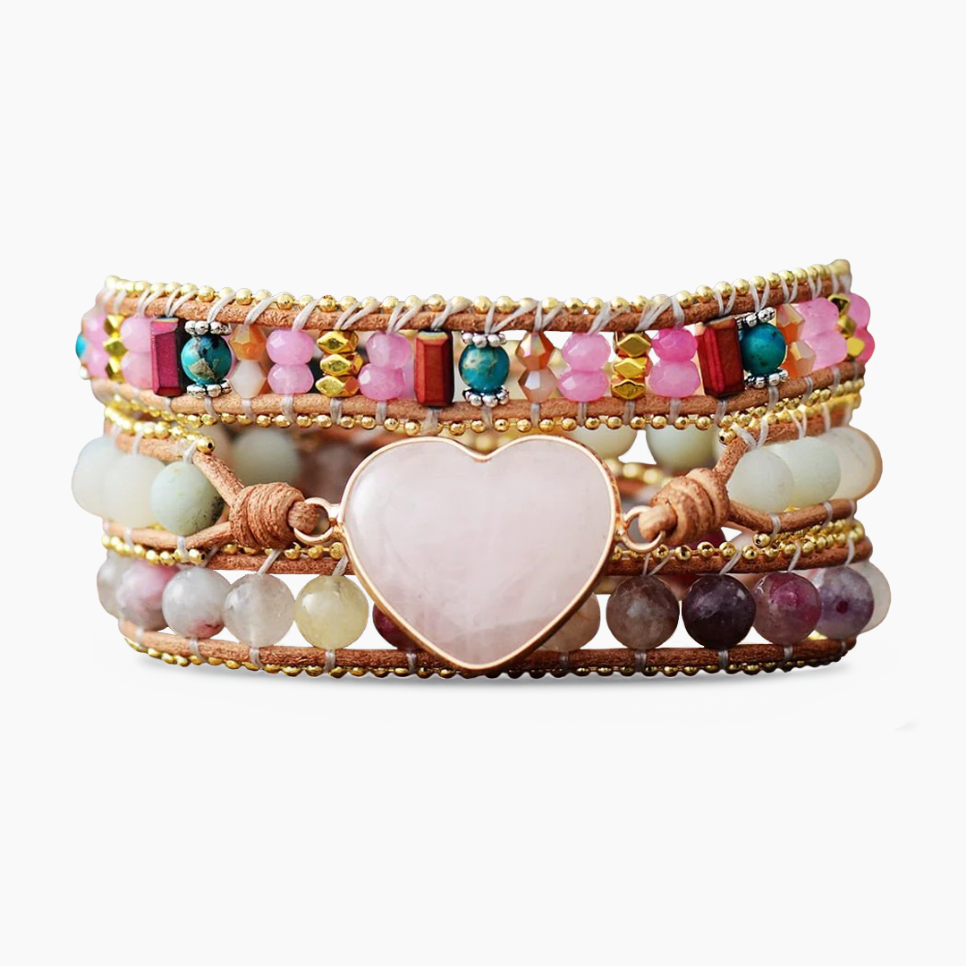 Bracciale avvolgente a cuore in quarzo rosa sognante