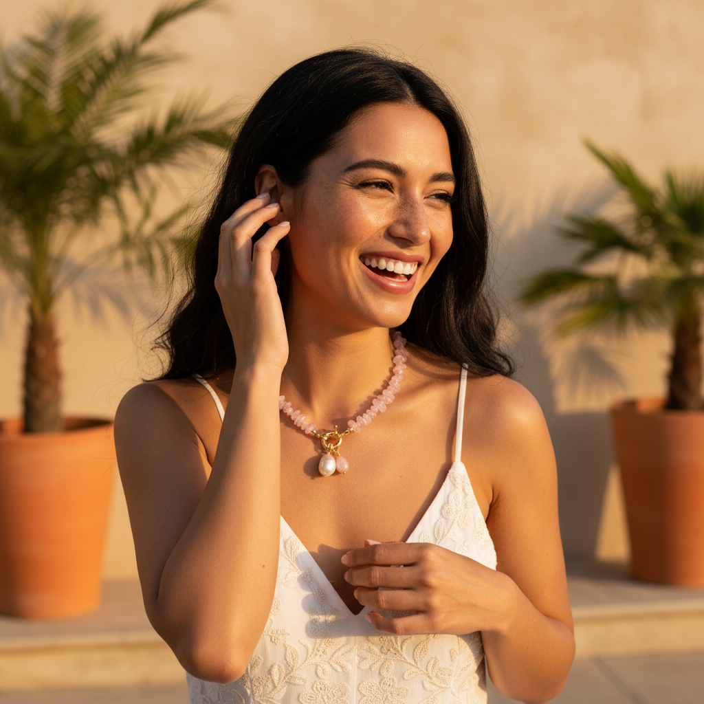Collana con ciondolo in quarzo rosa