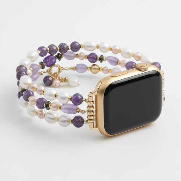 Cinturino elastico per Apple Watch con grappolo di perle ametista