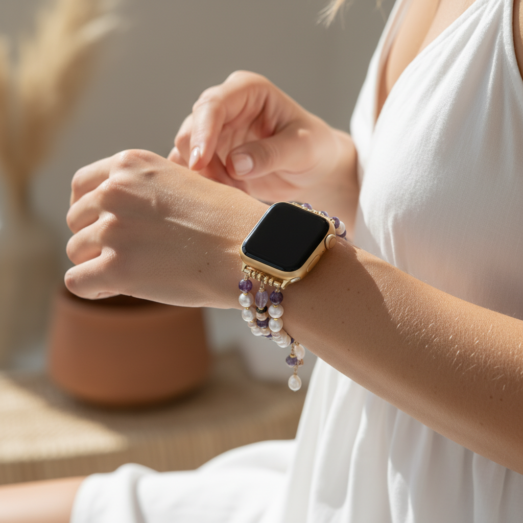 Cinturino elastico per Apple Watch con grappolo di perle ametista