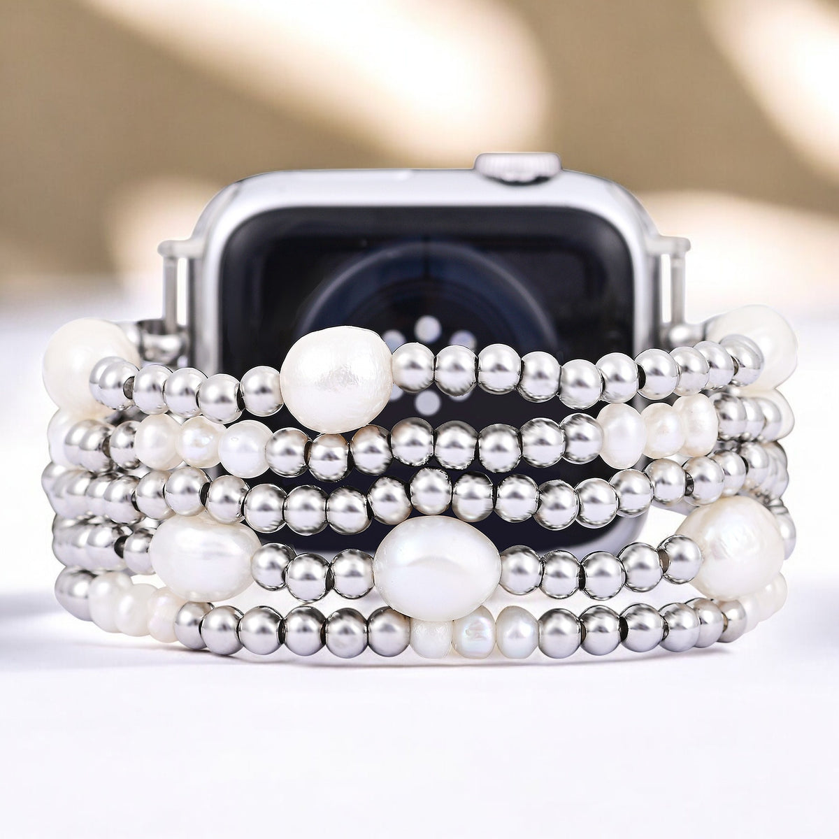 Cinturino elastico per Apple Watch in perla e argento
