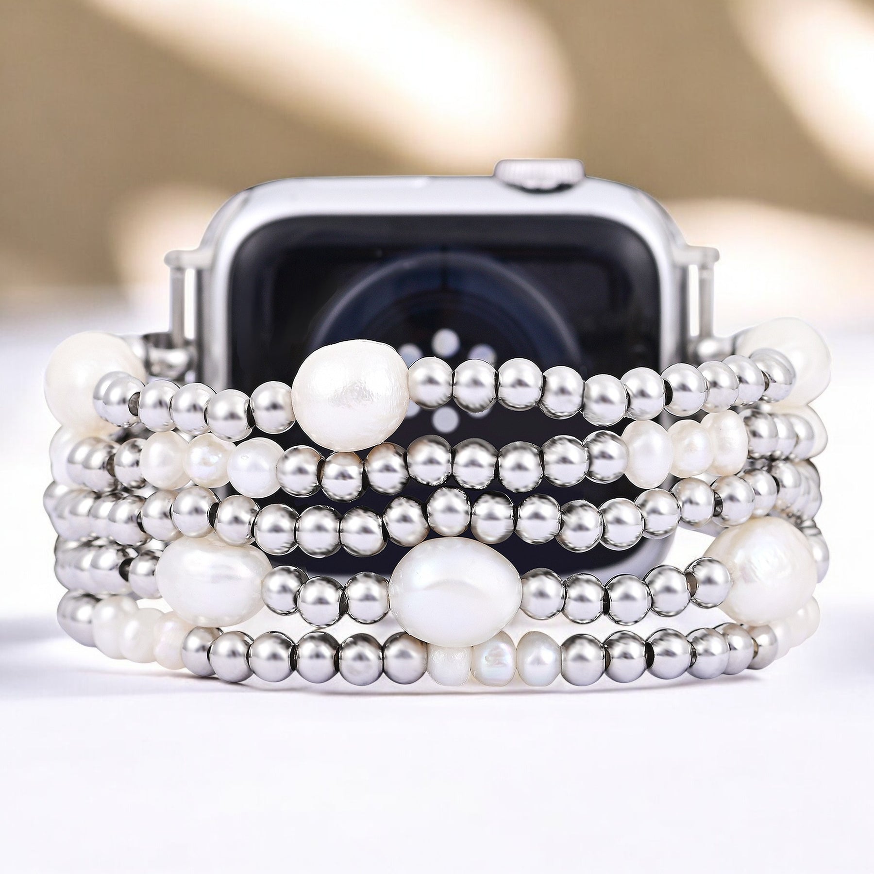 Cinturino elastico per Apple Watch in perla e argento