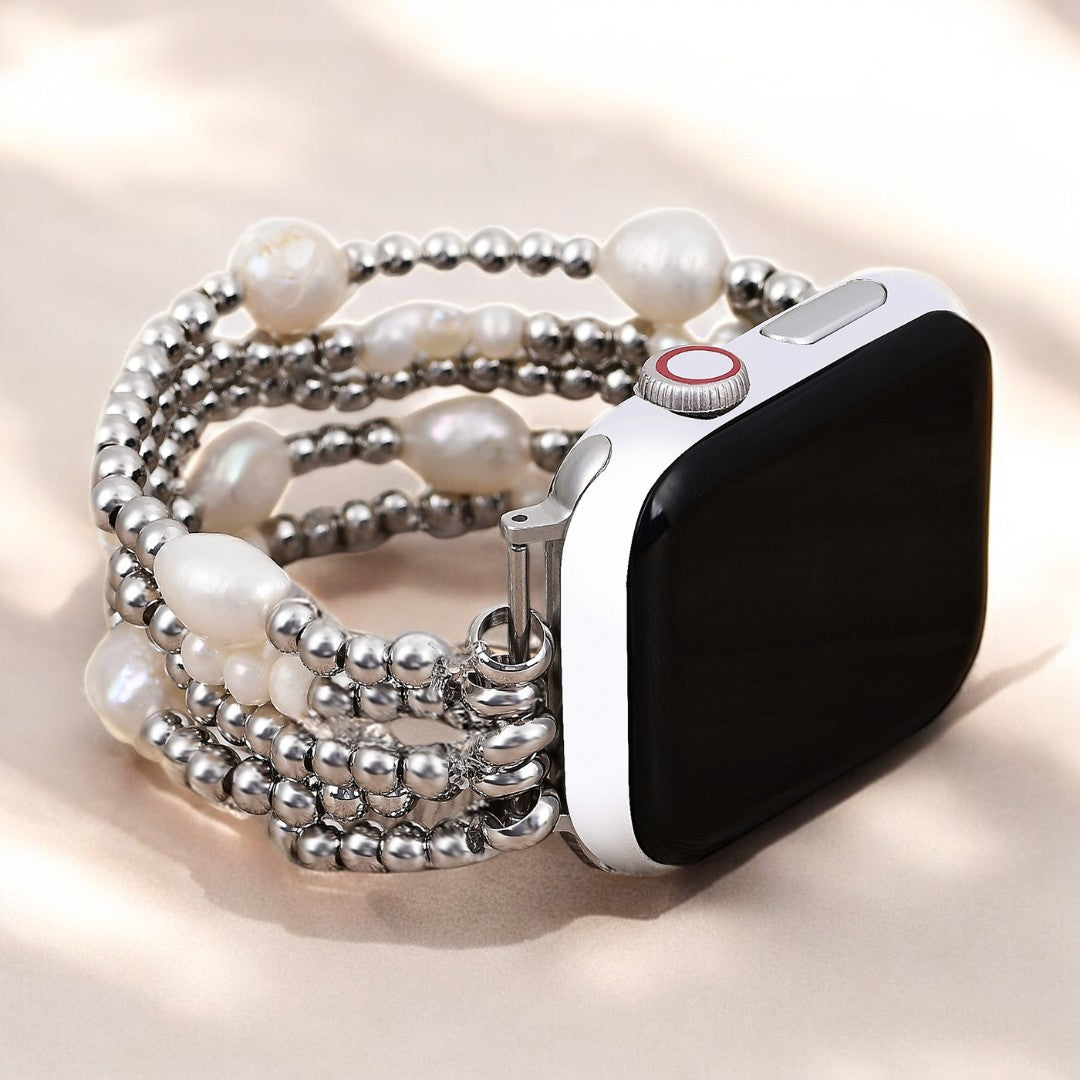 Cinturino elastico per Apple Watch in perla e argento