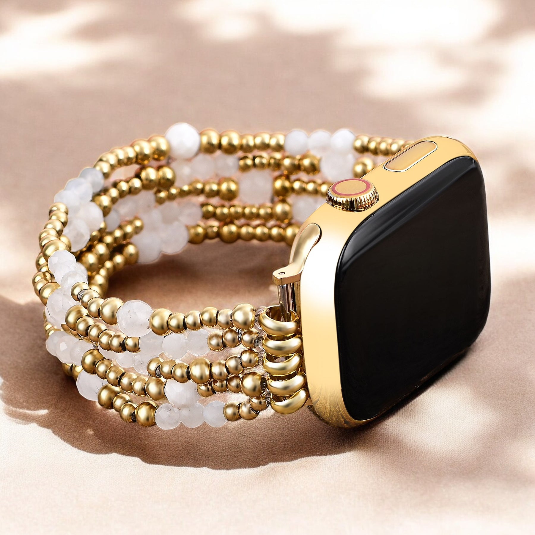 Cinturino elasticizzato Apple Watch in pietra di luna con alone dorato