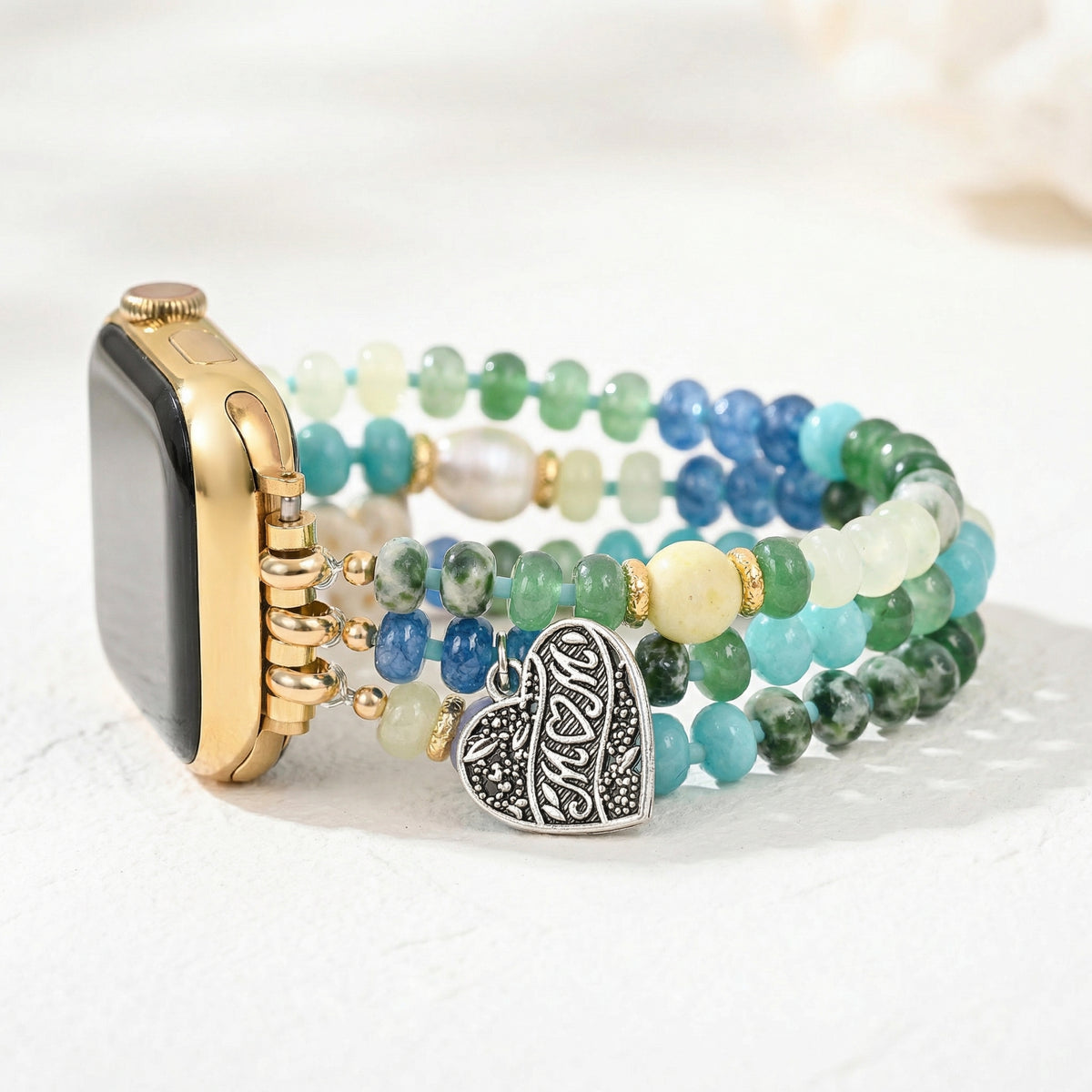 Cinturino elasticizzato Jade Pearl Love MOM per Apple Watch