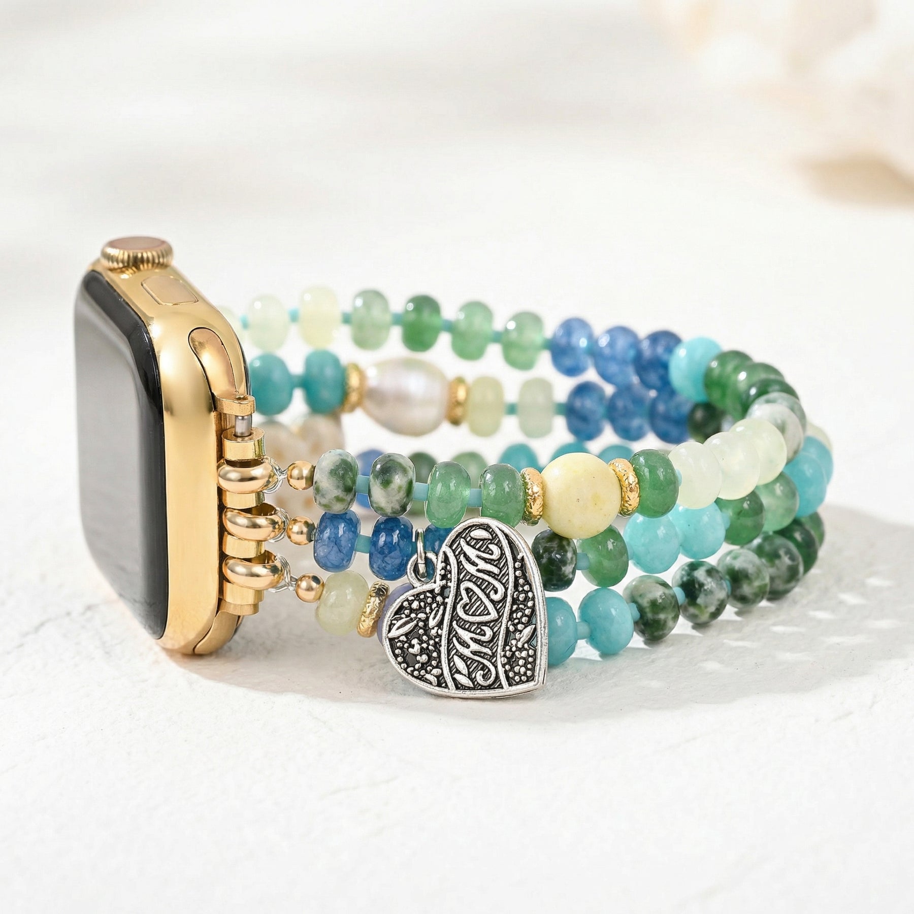Cinturino elasticizzato Jade Pearl Love MOM per Apple Watch