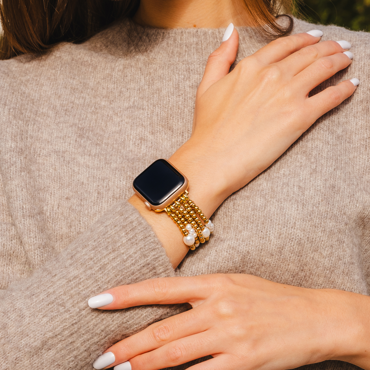 Cinturino elasticizzato Apple Watch in oro e perla
