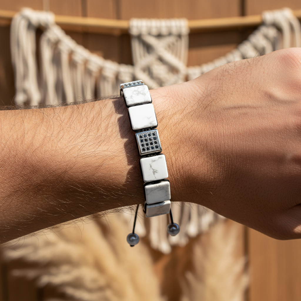 Braccialetto da uomo bianco con turchese