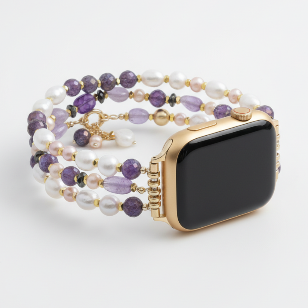 Cinturino elastico per Apple Watch con grappolo di perle ametista